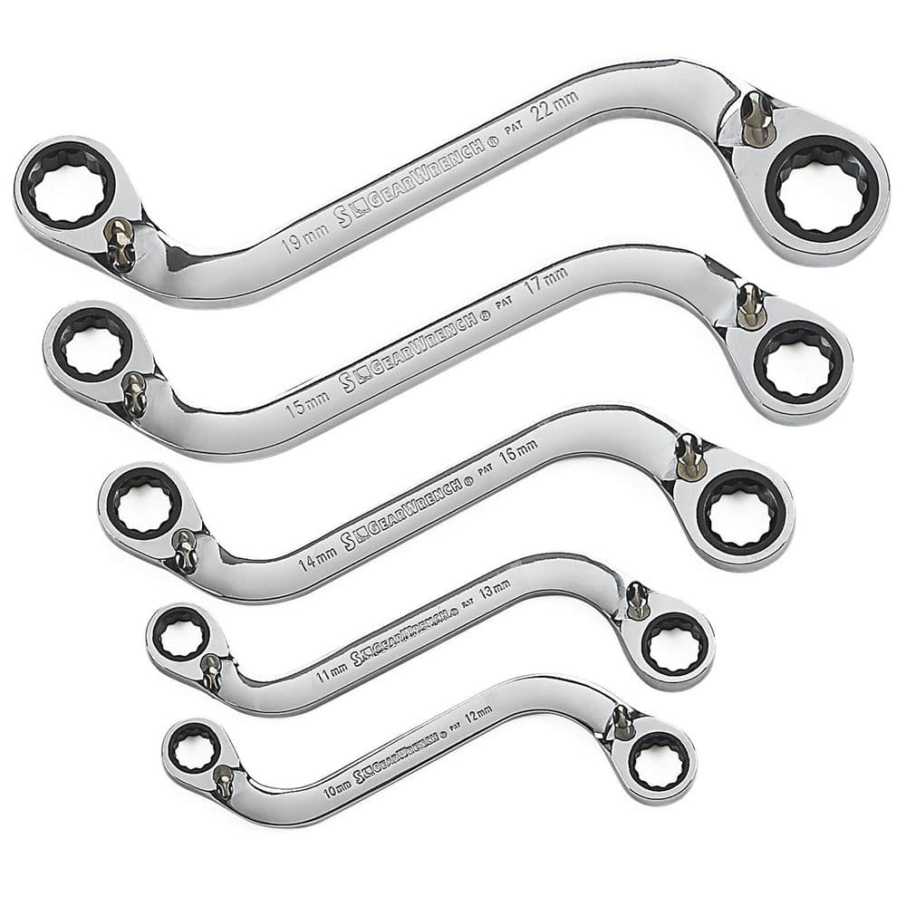 GearWrench 85299 5 Pc. 72-Tooth 12 Point Reversible S-Shape Double Box Ratcheting Metric Wrench Set - Moutools