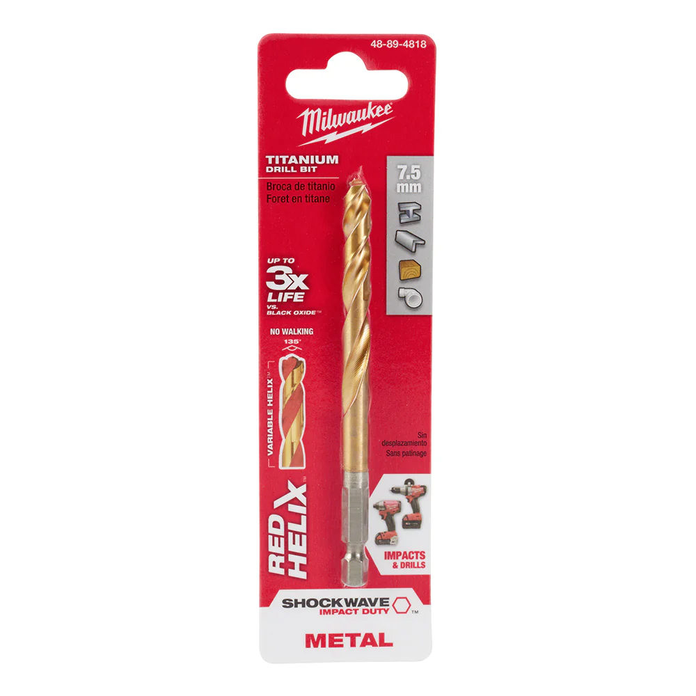 Milwaukee 48-89-4818 7.5mm Metric Titanium SHOCKWAVE™ Red Helix Bit - Moutools