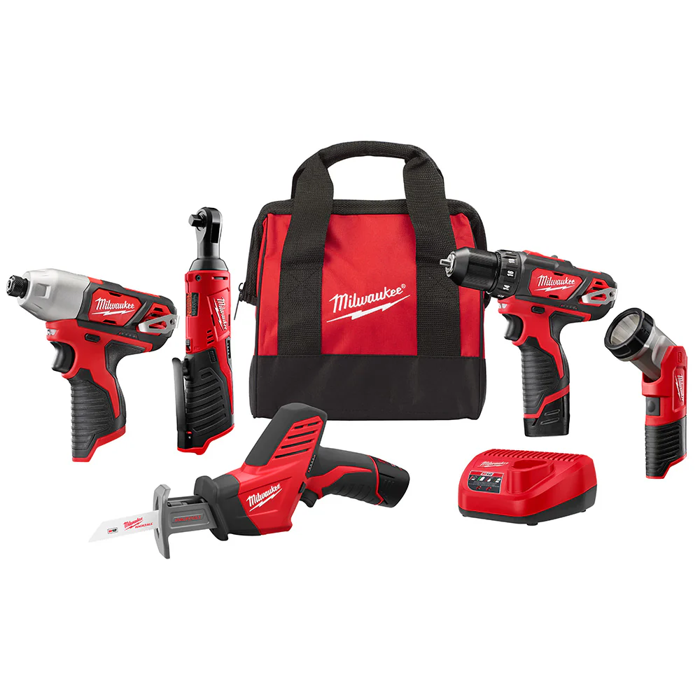 Milwaukee 2498-25Y M12 12-Volt Lithium-Ion Cordless Combo Kit (5-Tool) with (2) 1.5Ah Batteries, Charger and Tool Bag - Moutools