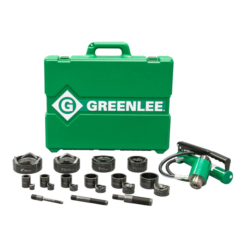 Greenlee 7310 Driver, Hand Pump, Standard Punches, Dies, and Draw Studs for 1/2 in. through 4in. Conduit, steel case. - Moutools