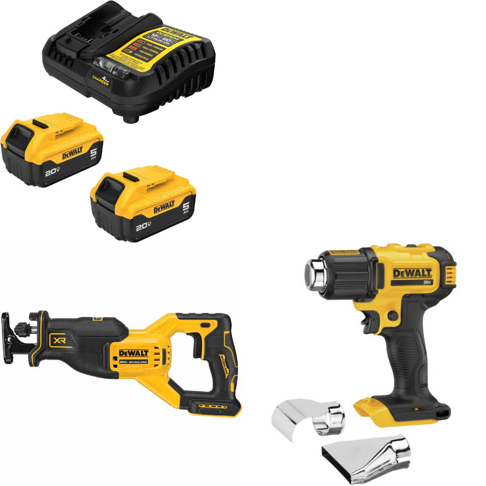 DeWalt DCB205-2C 20V MAX Starter Kit W/ DCS382B 20V Recip Saw & Heat Gun, Bare - Moutools