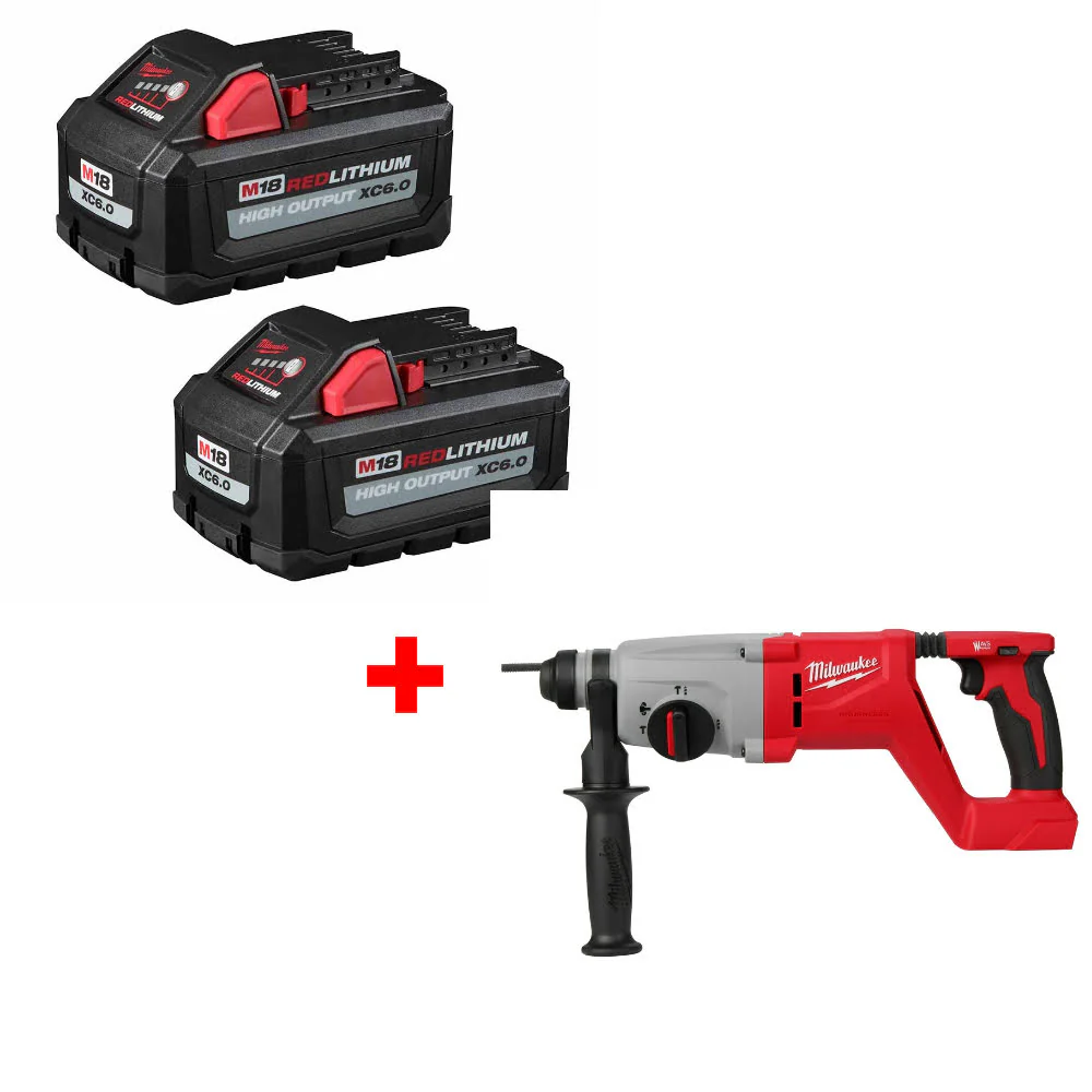 Milwaukee 48-11-1862 M18 XC6.0 Battery 2-Pack W/ FREE 2613-20 M18 Rotary Hammer - Moutools