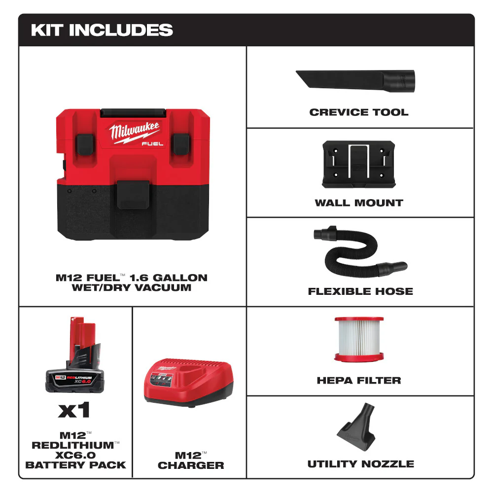Milwaukee 0960-21 M12 FUEL 1.6 Gallon Wet/Dry Vacuum Kit - Moutools
