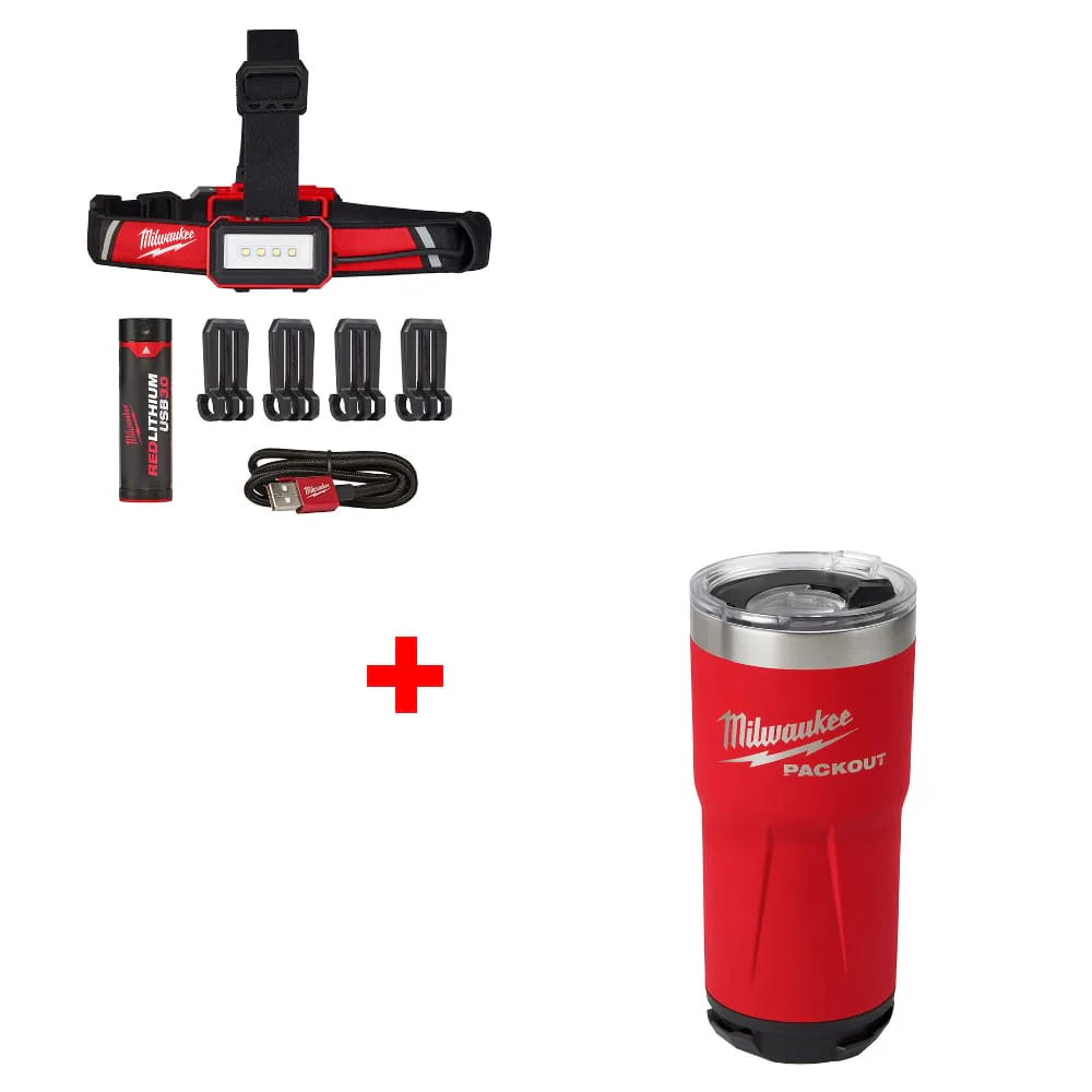 Milwaukee 2115-21 USB Rechargeable Headlamp w/ FREE 48-22-8392R 20oz Red Tumbler - Moutools