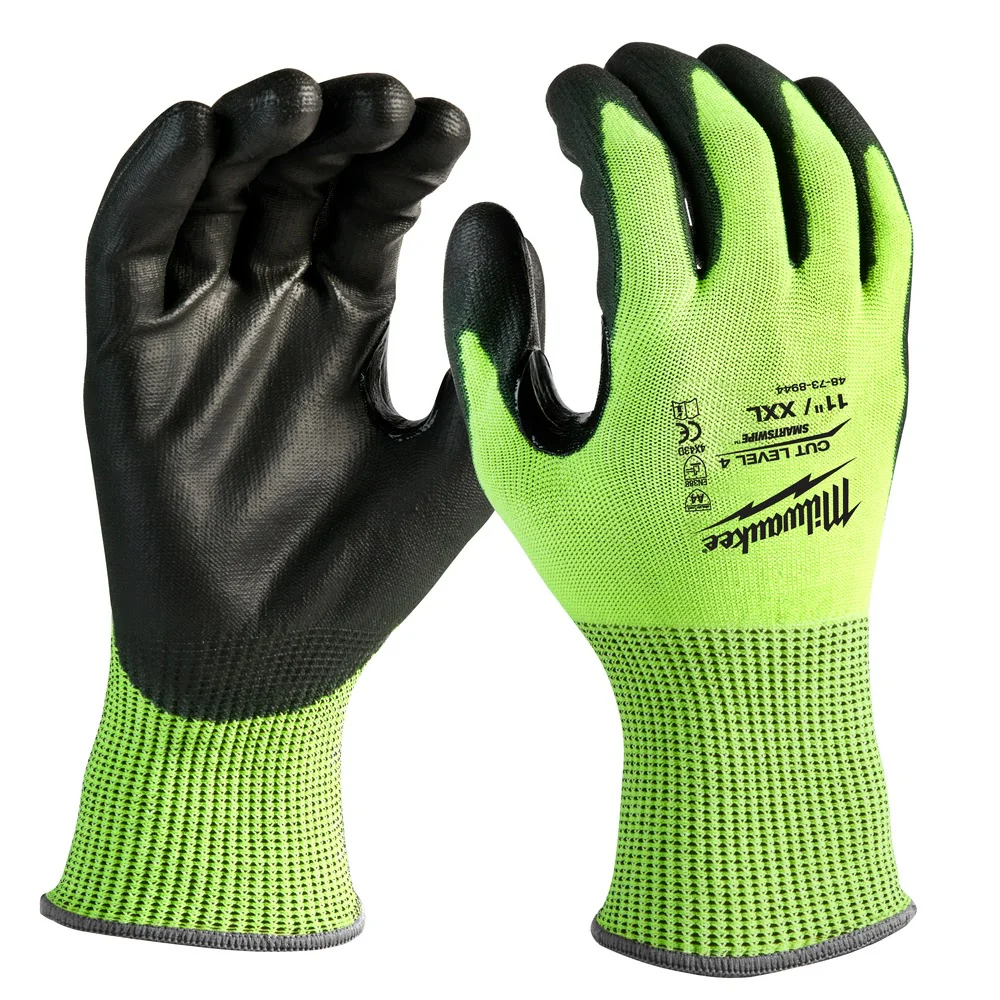 Milwaukee 48-73-8944 High Visibility Cut Level 4 Polyurethane Dipped Safety Gloves- 2X-Large - Moutools