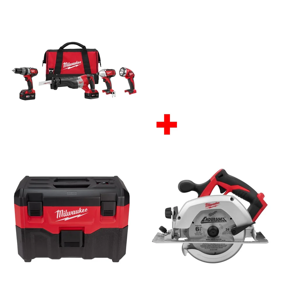 Milwaukee 2696-24 M18 4-Tool Combo Kit w/ FREE 0880-20 Wet/Dry Vacuum & Circ Saw - Moutools