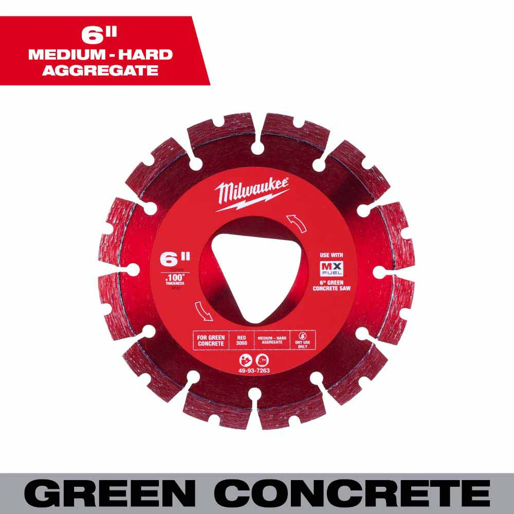 Milwaukee 49-93-7263 Red 6” x .100” Diamond Blade for Green Concrete - Moutools