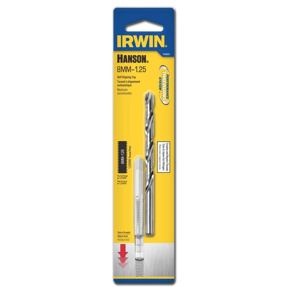 Irwin 1788681 Hanson 8mm - 1.25 NC Self Aligning Tap and H Drill Bit Set - Moutools