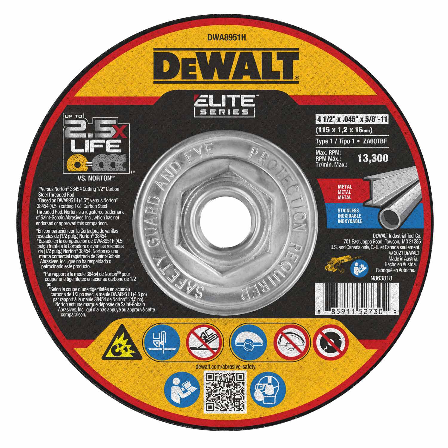 DeWalt DWA8951H Elite Series 4-1/2 x .045 x 5/8-11 XP T1 Cutting - Moutools