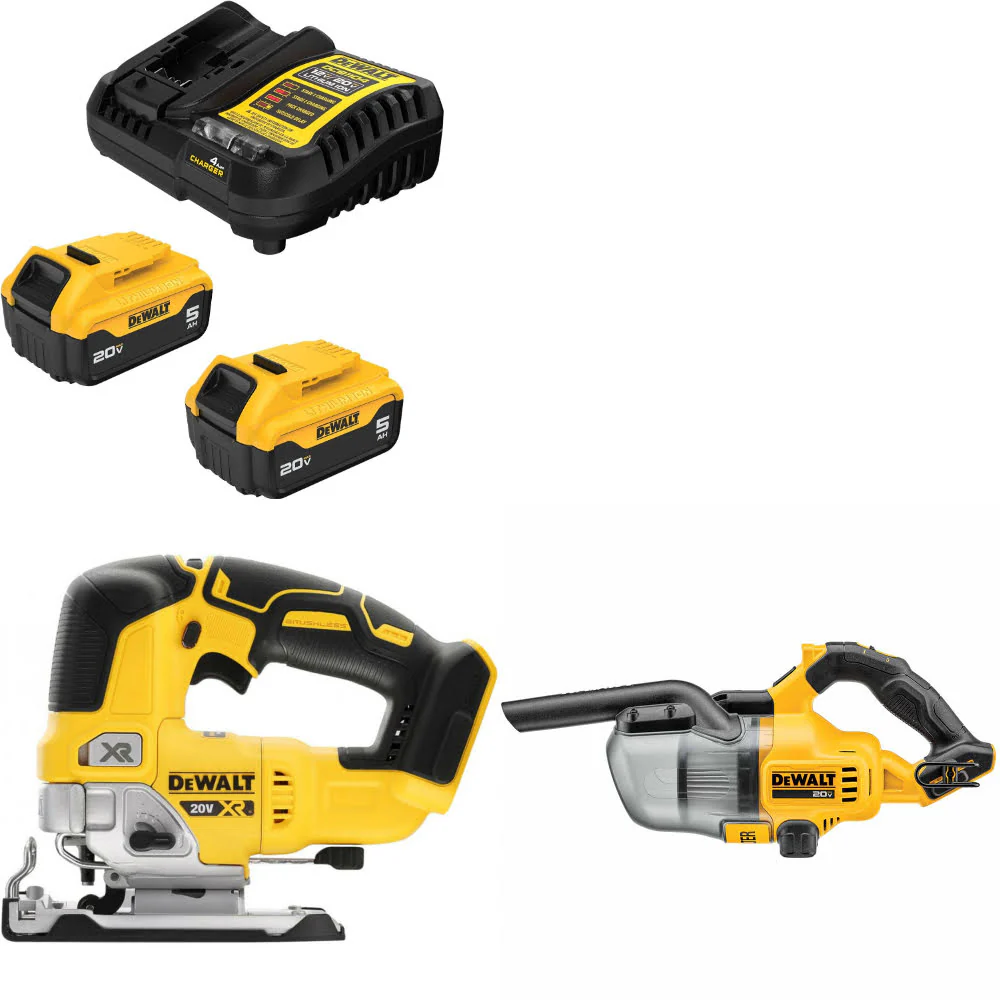 DeWalt DCB205-2C 20V Max Starter Kit W/ DCS334B 20V Jig Saw & 20V Vacuum, Bare - Moutools