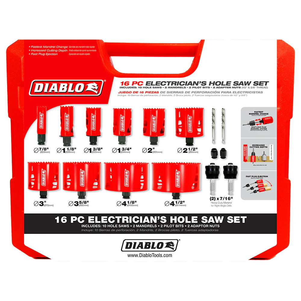 Diablo DHS16SEL 16 Pc Electrician's Bi-Metal Hole Saw Set - Moutools