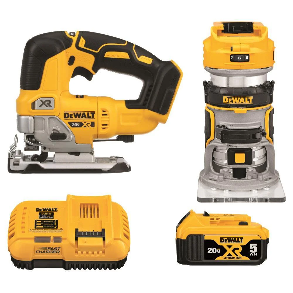 DeWalt DCK201P1 20V Max XR Brushless Cordless 2-Tool Woodworking Kit (Router and Jig Saw) - Moutools