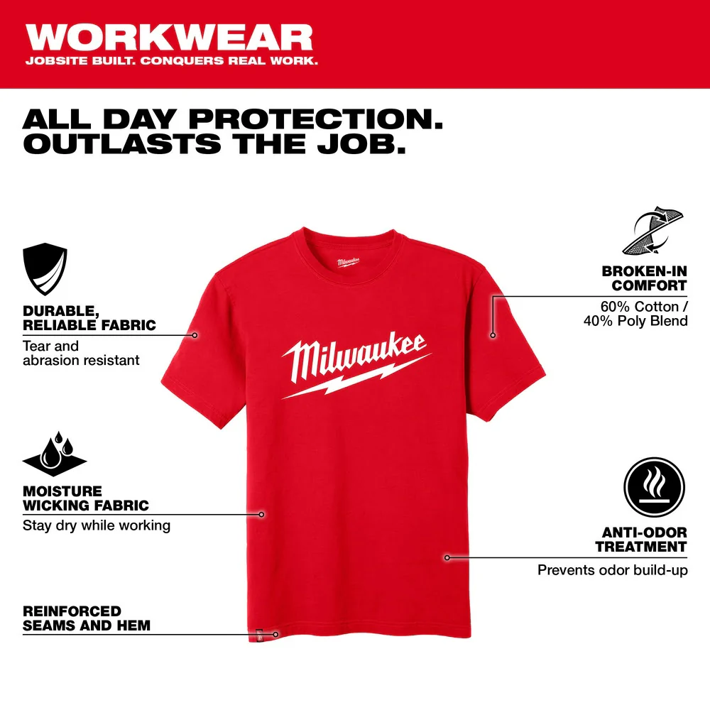 Milwaukee 607R Heavy Duty T-Shirt - Short Sleeve Logo Red - Moutools