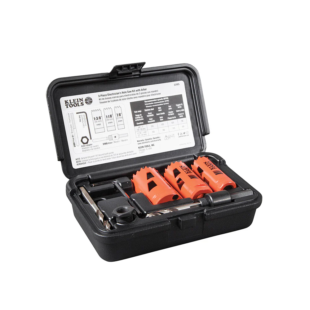 Klein 32905 Electrician's Hole Saw Kit with Arbor 3-Piece - Moutools