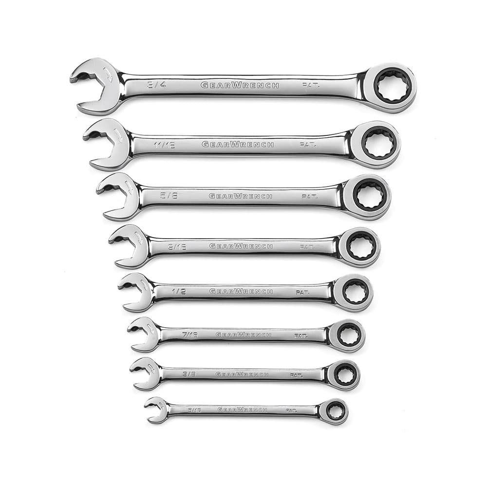 GearWrench 85599 8 Pc. 72-Tooth 12 Point Open End Ratcheting Combination SAE Wrench Set - Moutools