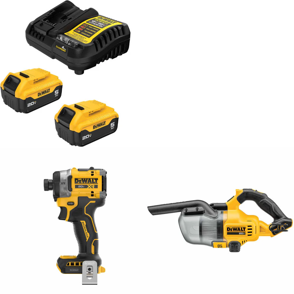 DeWalt DCB205-2C 20V Starter Kit W/ DCF860B 20V Impact Driver & Vacuum, Bare - Moutools