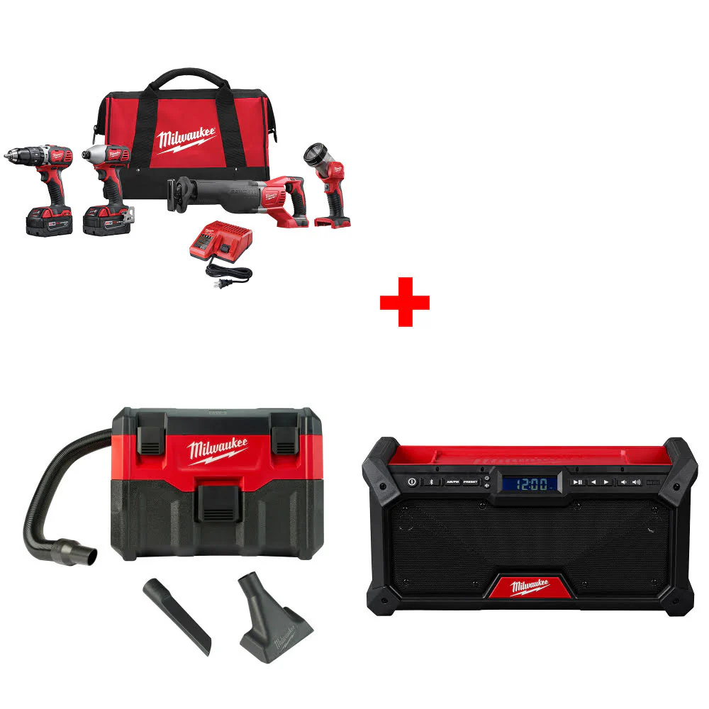 Milwaukee 2696-24 M18 4-Tool Combo Kit W/ FREE 0880-20 18V Vacuum & M18 Radio - Moutools