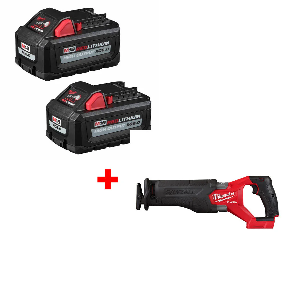 Milwaukee 48-11-1862 M18 XC6.0 Battery 2-Pack W/ FREE 2821-20 M18 FUEL Recip Saw - Moutools
