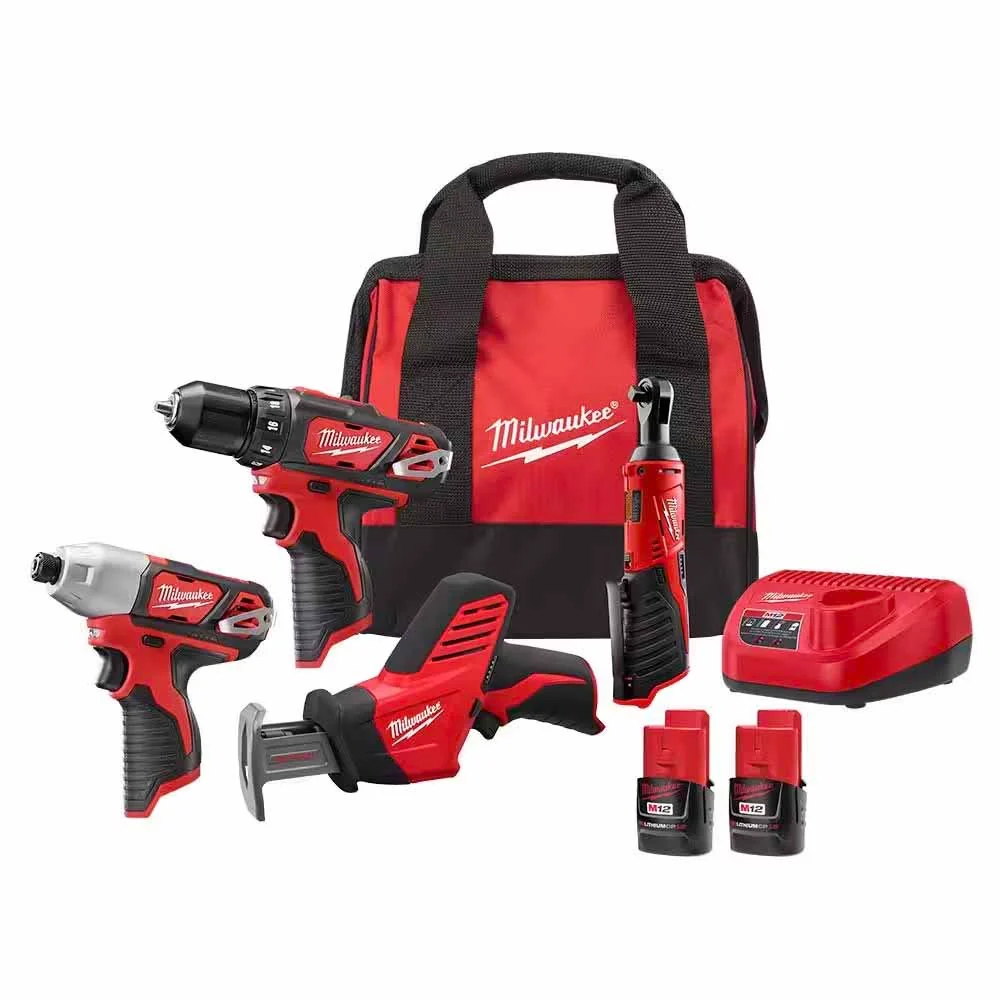 Milwaukee 2497-24B M12 12V Lithium-Ion Cordless Combo Kit (4-Tool) w/(2) 1.5Ah Batteries, (1) Charger, (1) Tool Bag - Moutools