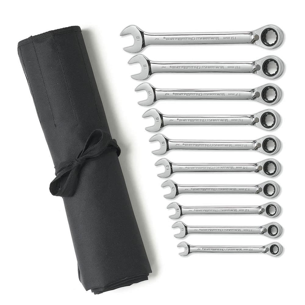 GearWrench 9601RN 10 Pc. 72-Tooth 12 Point Reversible Ratcheting Combination Metric Wrench Set with Tool Roll - Moutools