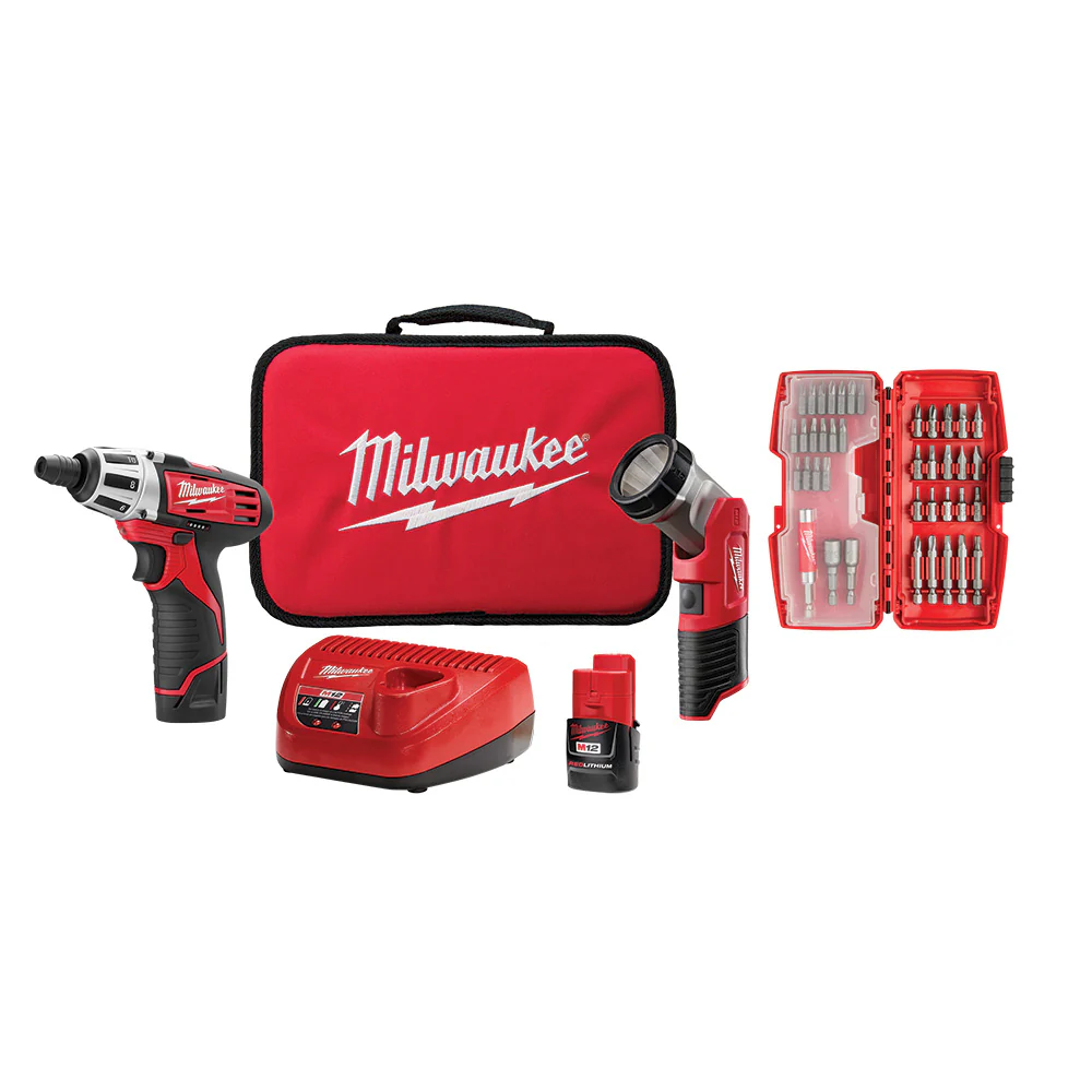 Milwaukee 2482-22 M12 Screwdriver and LED Worklight Kit with Bit Set - Moutools