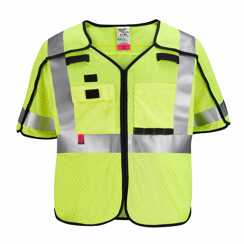 Milwaukee 48-73-5232 AR/FR Cat. 1 Class 3 Breakaway High Visibility Yellow Mesh Safety Vest - L/XL - Moutools