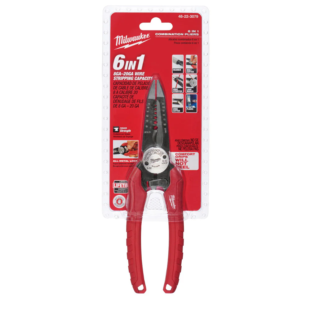 Milwaukee 48-22-3079 8GA - 20GA 6 IN 1 Combination Wire Pliers - Moutools