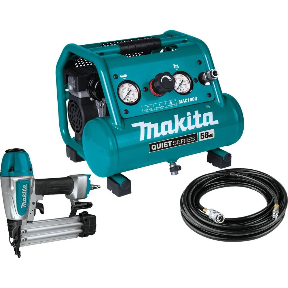 Makita MAC100QK1 Quiet Series 1/2 HP, 1 Gallon Compact, Oil-Free, Electric Air Compressor, and 18 Gauge Brad Nailer Combo Kit - Moutools