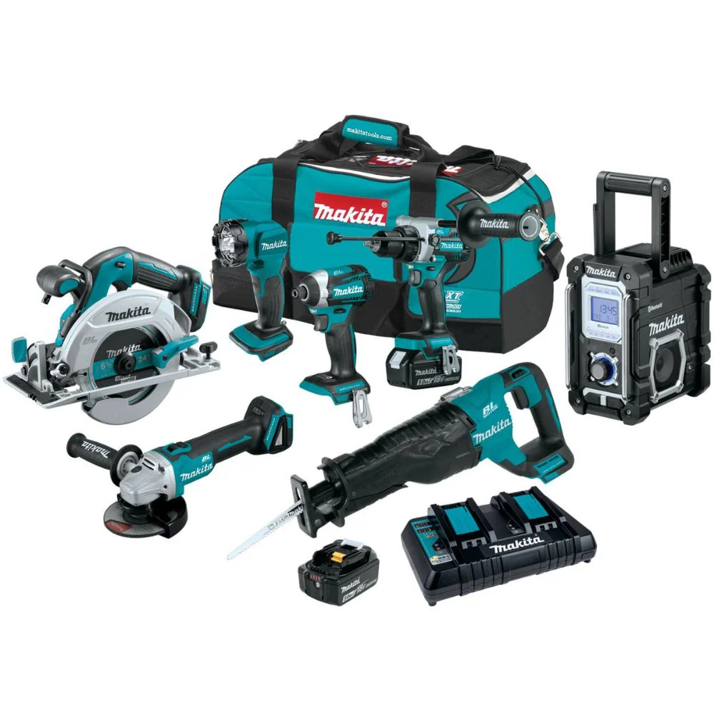 Makita XT707PT 18V LXT Lithium-Ion Brushless Cordless 7 Pc. Combo Kit, XPH14Z, XDT14Z, XRJ05Z, XSH03Z, XAG04Z, XRM06B, DML815, dual port charger, bag (5.0Ah) - Moutools