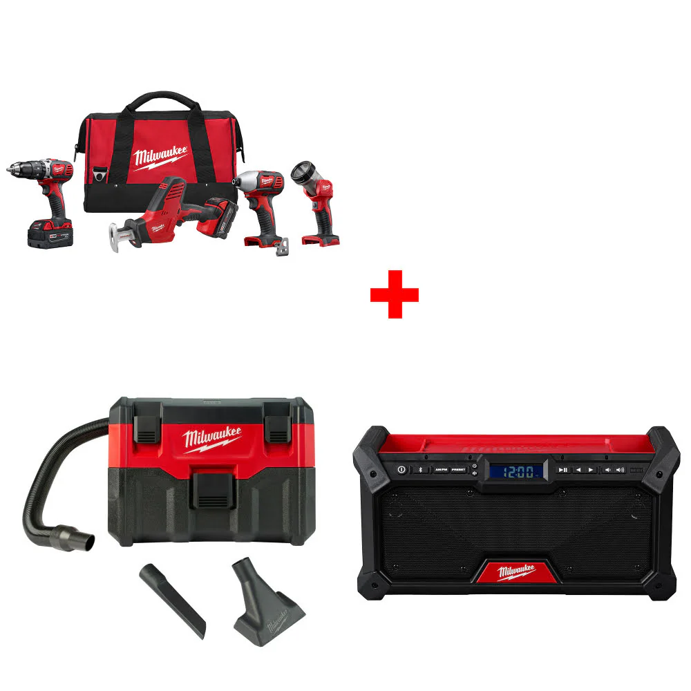 Milwaukee 2695-24 M18 4-Tool Combo Kit W/ FREE 0880-20 18V Vacuum & M18 Radio - Moutools