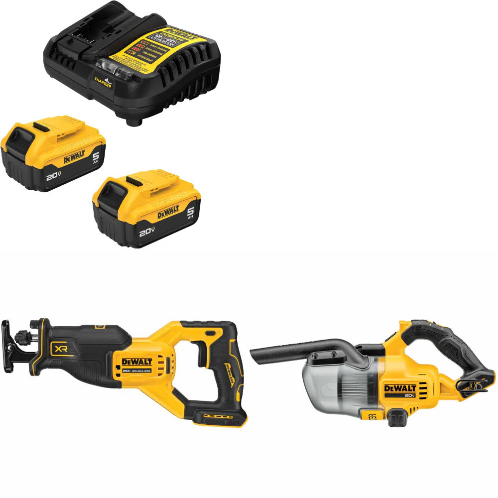 DeWalt DCB205-2C 20V MAX Starter Kit W/ DCS382B 20V Recip Saw & 20V Vacuum, Bare - Moutools