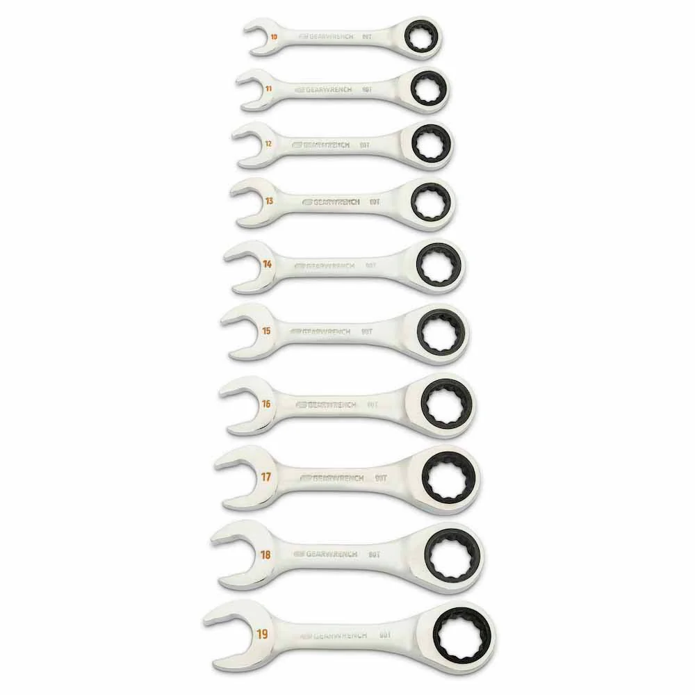 GearWrench 86850 10 Piece 90-Tooth 12 Point Metric Stubby Ratcheting Combination Wrench Set - Moutools
