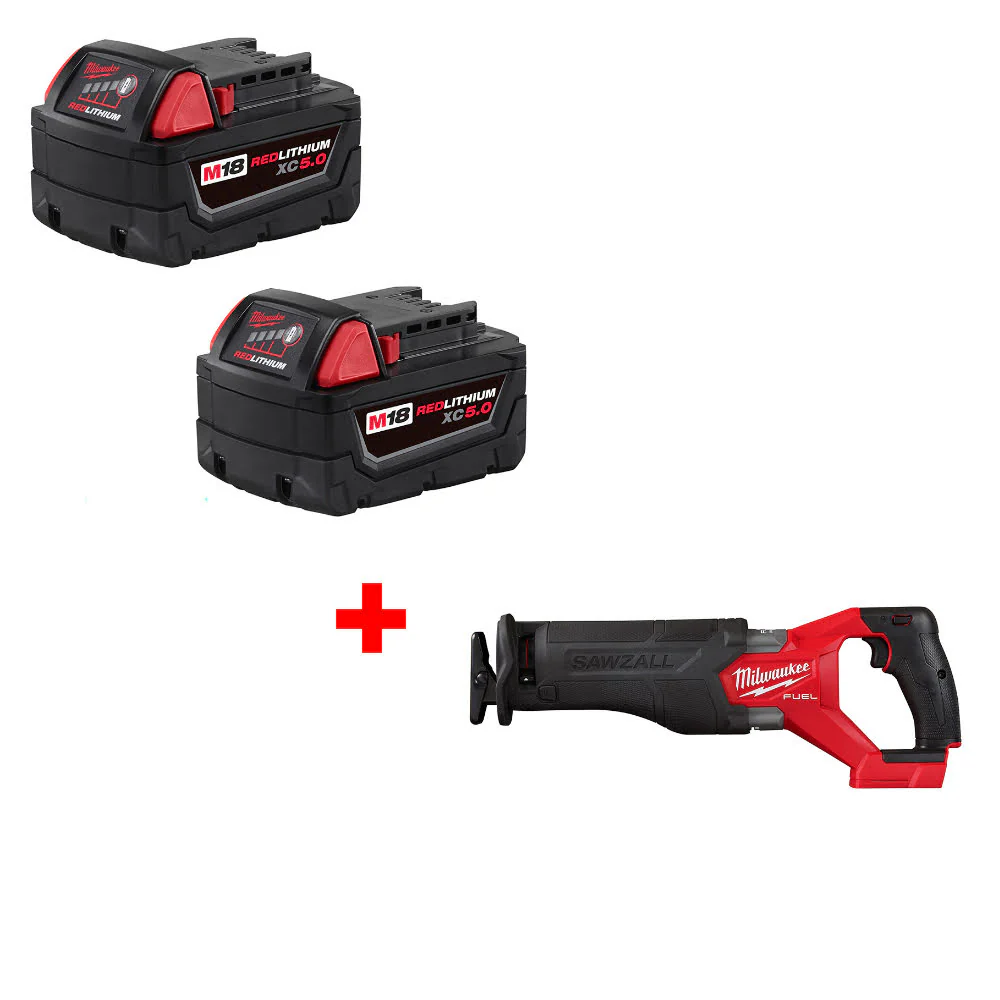 Milwaukee 48-11-1852 M18 XC5.0 Battery-2 Pack W/ FREE 2821-20 M18 FUEL Recip Saw - Moutools