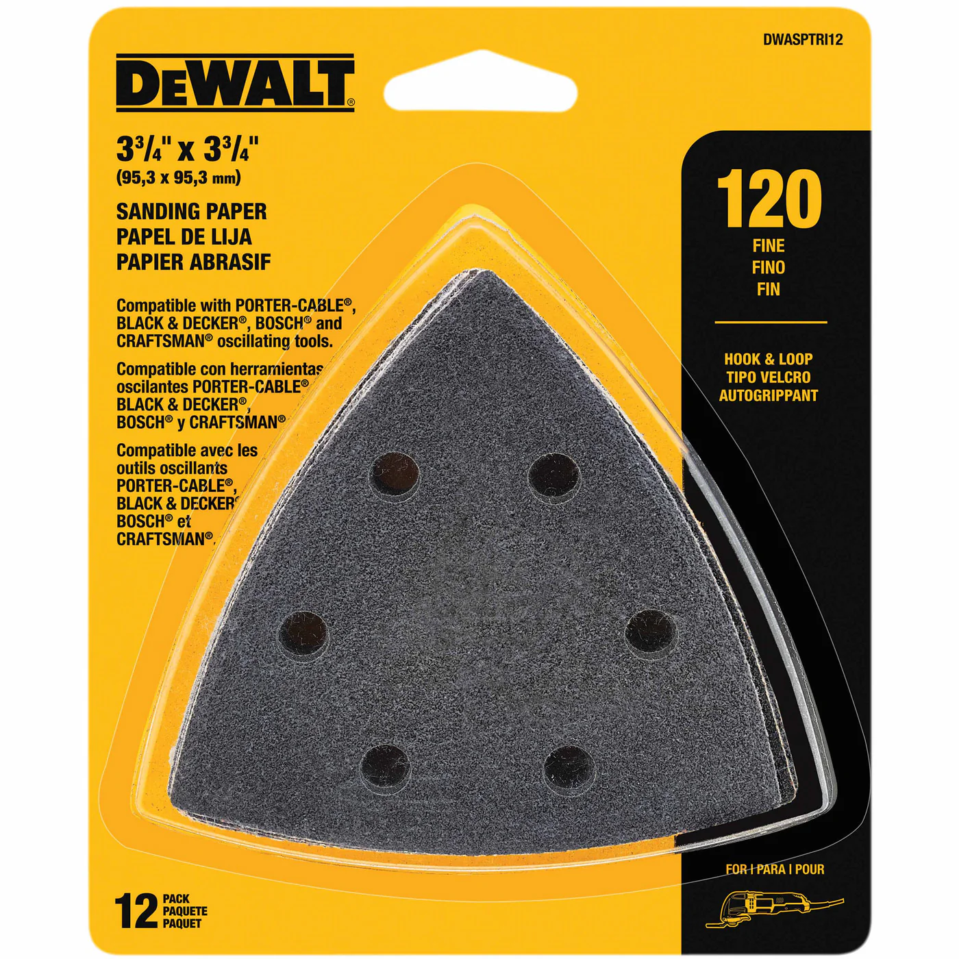 DeWalt DWASPTRI12 Hook And Loop Triangle 120 Grit Sandpaper - 12 PK - Moutools